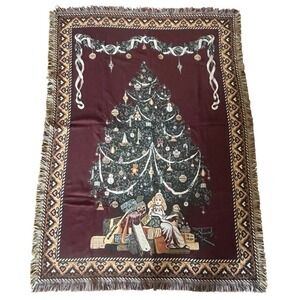 Cottagecore Christmas Tree Tapestry Blanket Woven Holiday Throw Fringe 58X44